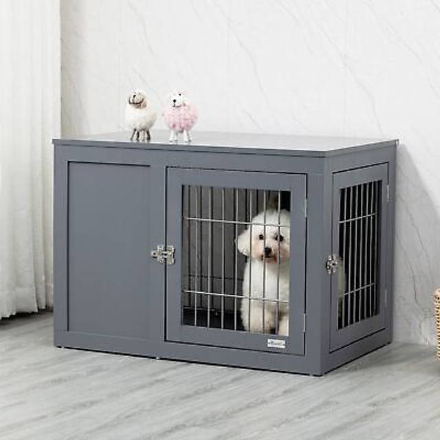 PawHut Pets at Home Dog Crate, Indoor Dog Kennel End Table, Decorative Puppy House, with Double Doors, Locks, for Small & Medium Dogs, Grey Aosom UK