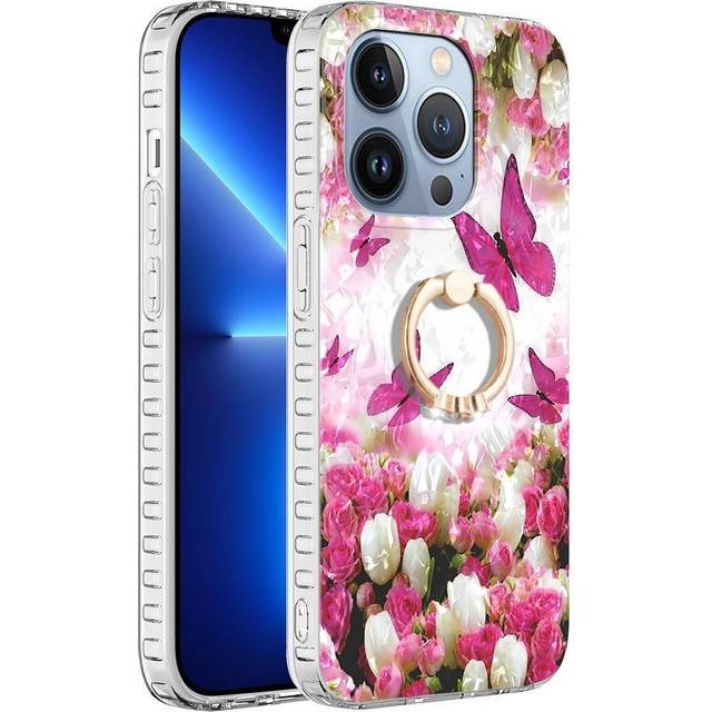 iPhone 14 Pro Max Skal med Ring och Stativfunktion - Rosa Fjärilar