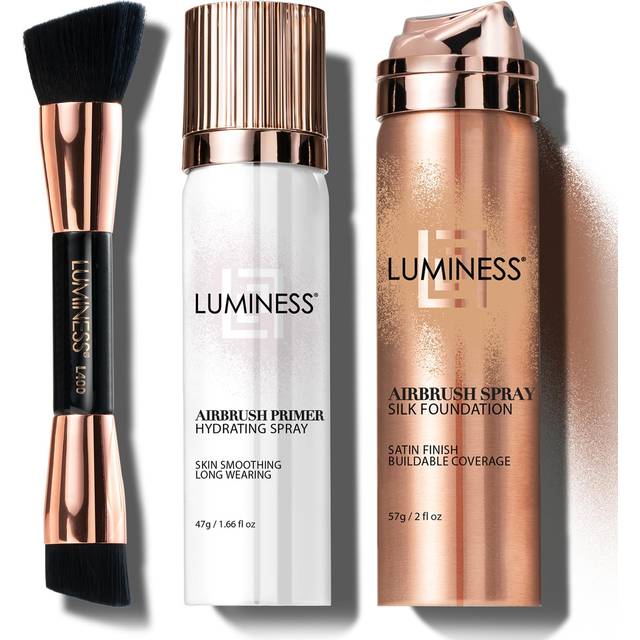 LUMINESS Airbrush Spray Silk Foundation Starter Kit - Deep Dark - Foundation  Primer & Dual-Sided Angled Buffing Brush - Medium  Buildable C
