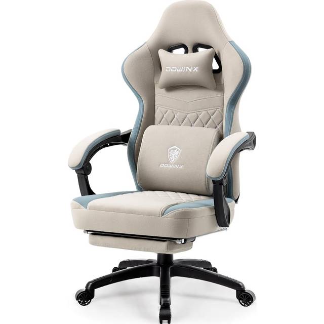 Dowinx Gamingstolstyg med geldyna, massage gamingfåtölj med fotstöd, ergonomisk PC-stol gamerstol med förvaringsväska, kontorsstol 150 kg lastkapacitet, grå