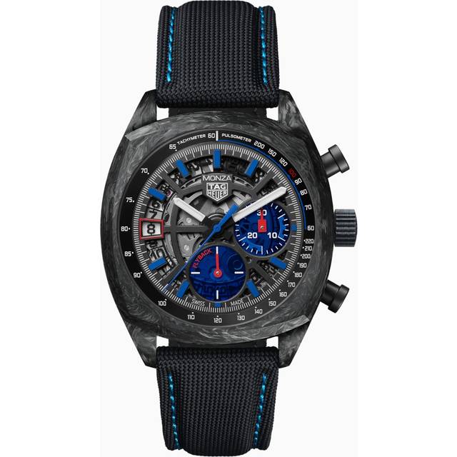 TAG Heuer Monza Flyback Chronometer 42 mm Watch - Black Dial - Black & Blue Textile Strap - Carbon Case