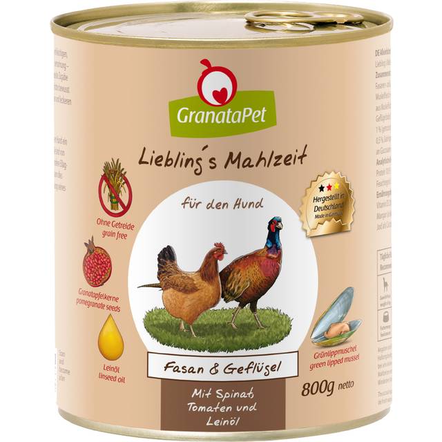 GranataPet Liebling's Mahlzeit 6 x 800 g - Fasan & fjäderfä med spenat, tomater & linolja