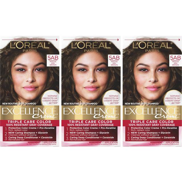 L'Oreal Paris Excellence Creme Permanent Hair Color  5AB Mocha Ash Brown  100 percent Gray Coverage Hair Dye  Pack of 3
