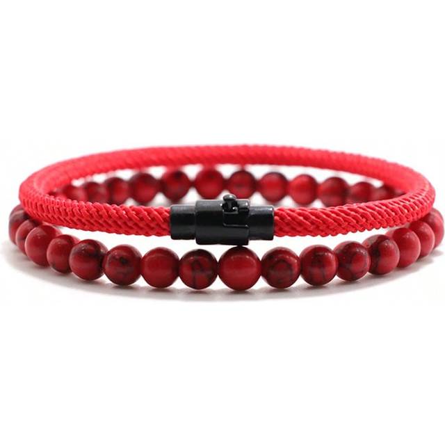 Rendy Naturstensarmband Herr Kvinnor Tur Svart Rött Trådarmband Parat Bästa Vänner Armband Lava Obsidian Pärlarmband - Röd