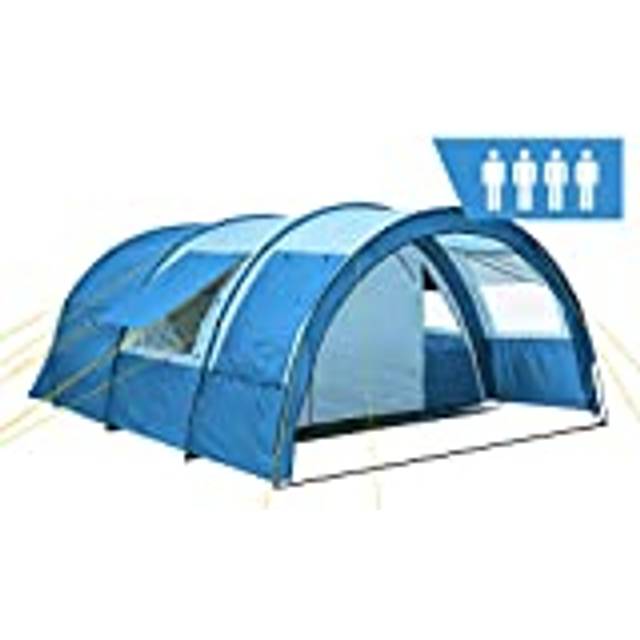 CampFeuer tunneltält för 4 personer ”Multi” | Tunneltält med markis | vindtätt, vattentätt, ultralätt | Campingtält med myggnät | Tält för camping, strand och vandring, inkl. pinnar och väska (blå/ljusblå)