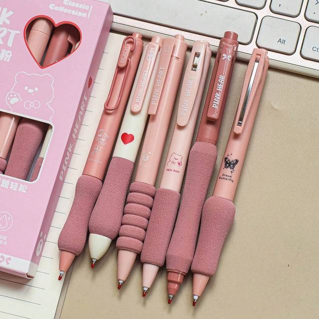 MOKA 6pcs/Pack Retractable Ballpoint Pen For European And American Students And Office Workers, High-End Minimalist Transparent Pink Pen Barrel, Black Ink