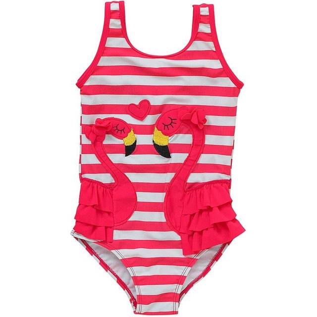 Girls flamingo swimsuit striped frill bow detail scoop back pink h2o uk seller