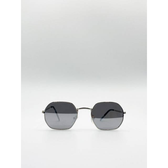 Hexagon Metal Frame Sunglasses with Mirror Lenses - Grey - One Size