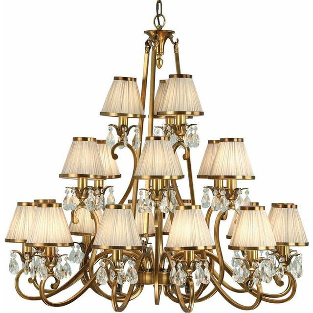 Esher Ceiling Pendant Chandelier Brass Crystal & Beige Shades 21 Lamp Light