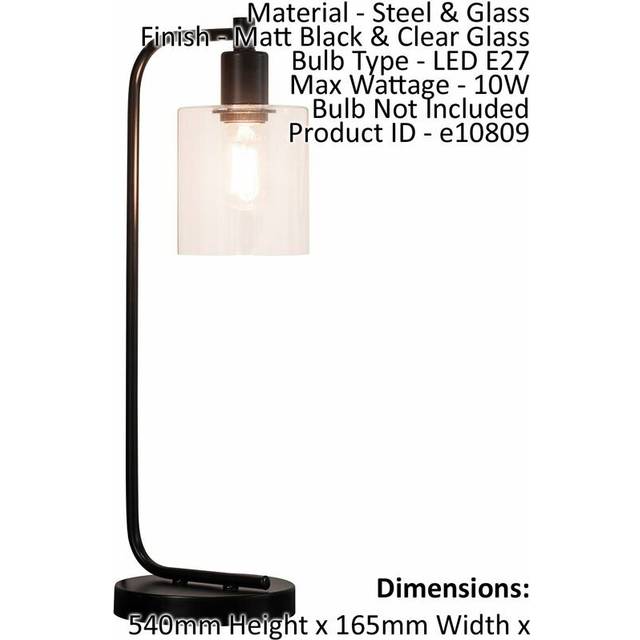 Table Lamp Matt Black & Clear Glass 10W LED E27 Complete Bedside Light