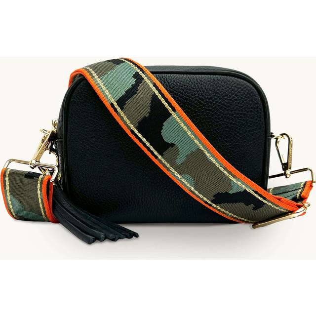 Black Leather Crossbody Bag With Orange & Gold Stripe Camo Strap - One Size