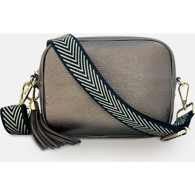 Bronze Leather Crossbody Bag With Black & Gold Chevron Strap - One Size