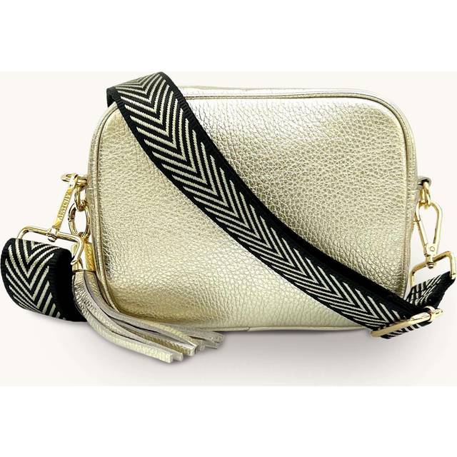 Gold Leather Crossbody Bag With Black & Gold Chevron Strap - One Size