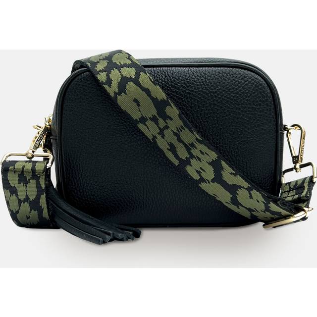 Black Leather Crossbody Bag With Olive Green Cheetah Strap - One Size