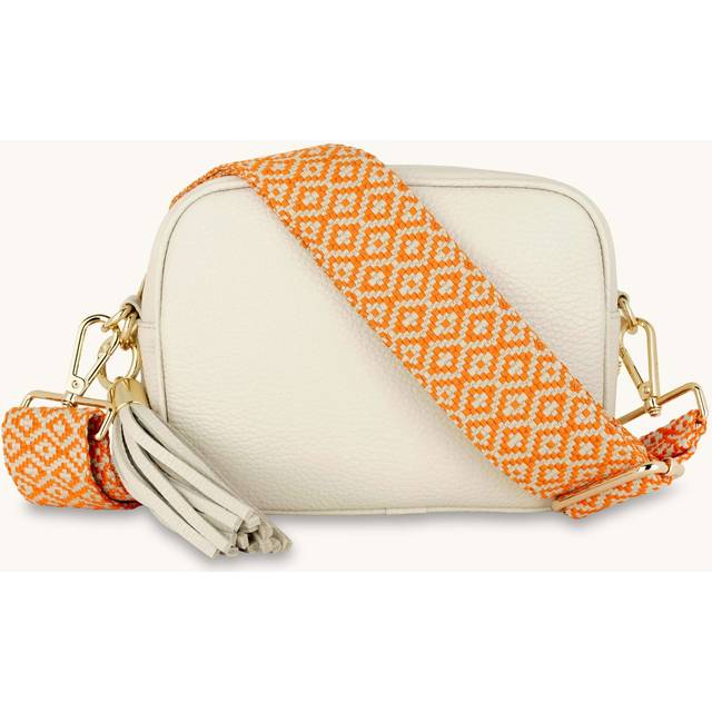 Stone Leather Crossbody Bag With Orange Cross-Stitch Strap - One Size