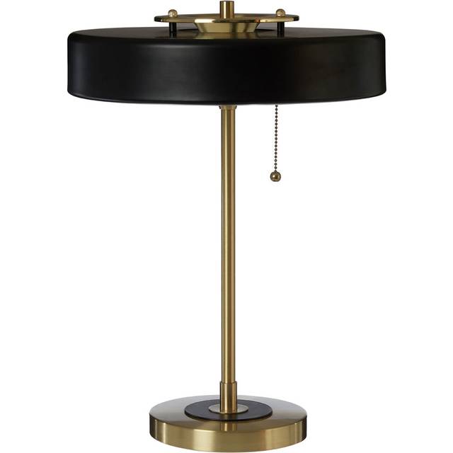 Premier Housewares Rogano Table Lamp with Brush Brass Finish Base & Black Metal Shade, Gold
