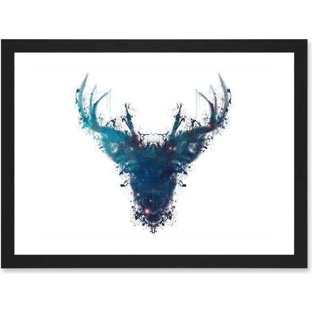 Graphic Ink Splat Deer Stag Scotland A4 Artwork Framed Wall Art Print - Black - One Size