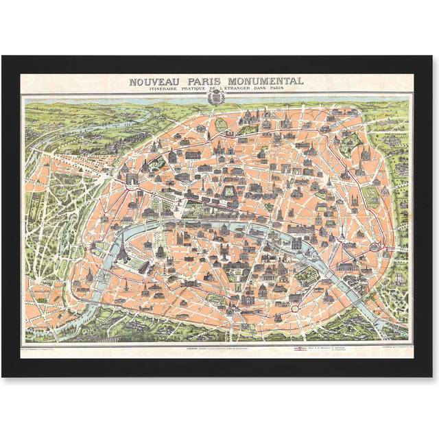 Antique Garnier Paris Tourist City Map Plan A4 Artwork Framed Wall Art Print - Black - One Size