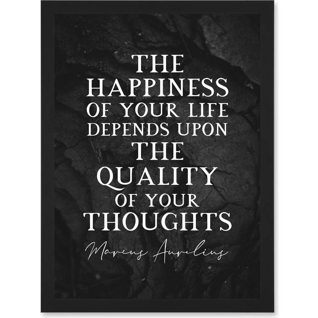 Slate Quote Marcus Aurelius Happiness Quality Thoughts Inspiring Artwork Framed Wall Art Print A4 - Black - One Size