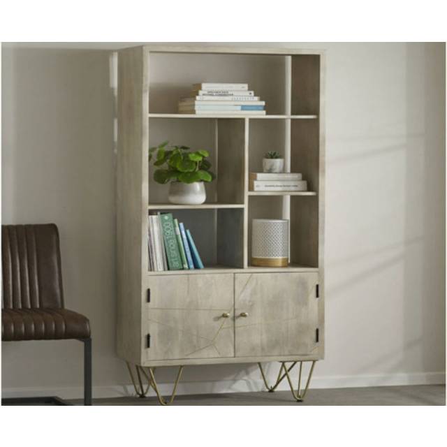 Large Bookcase with 2 Door - Solid Mango Wood - L35 x W80 x H180 cm - Light Gold