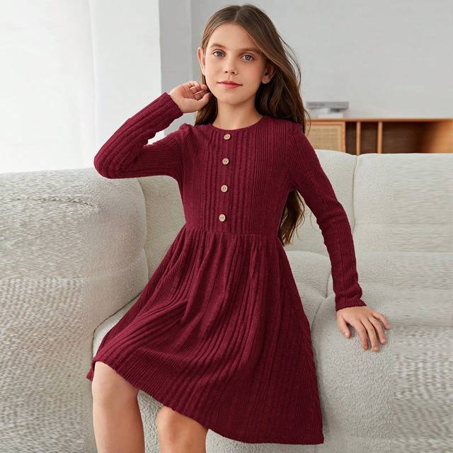 Firerie Kids Tween Girls&#39; Solid Color Long Sleeve Round Neck Ribbed Dress With Front Buttons, Suitable For Autumn And Winter