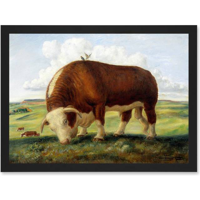 Curry Ajax Hereford Bull Cow Birds Landscape Painting Artwork Framed Wall Art Print A4 - Black - One Size