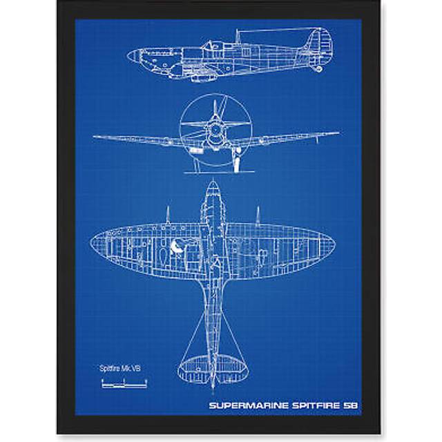 Supermarine Spitfire 5B Fighter Plane Blueprint Plan A4 Artwork Framed Wall Art Print - Black - One Size
