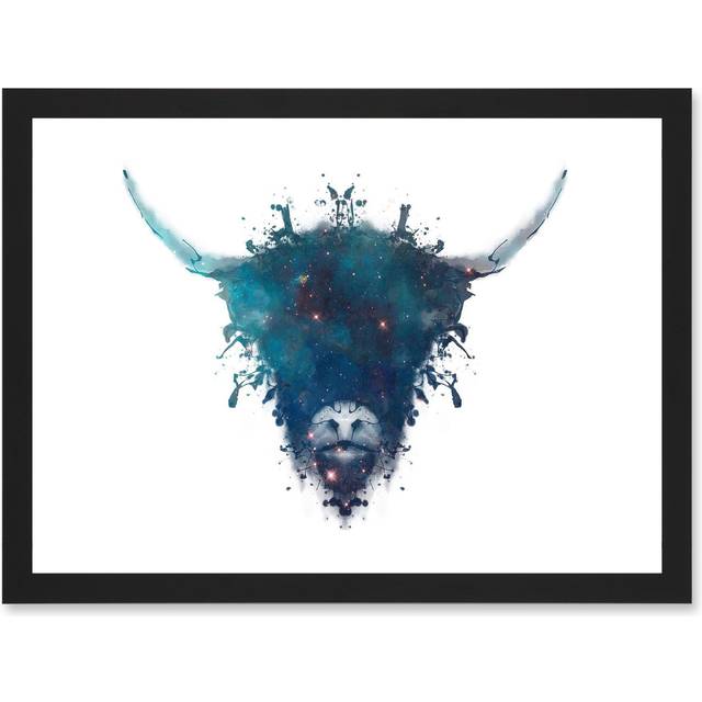 Graphic Ink Splat Highland Cow Coo Scotland A4 Artwork Framed Wall Art Print - Black - One Size