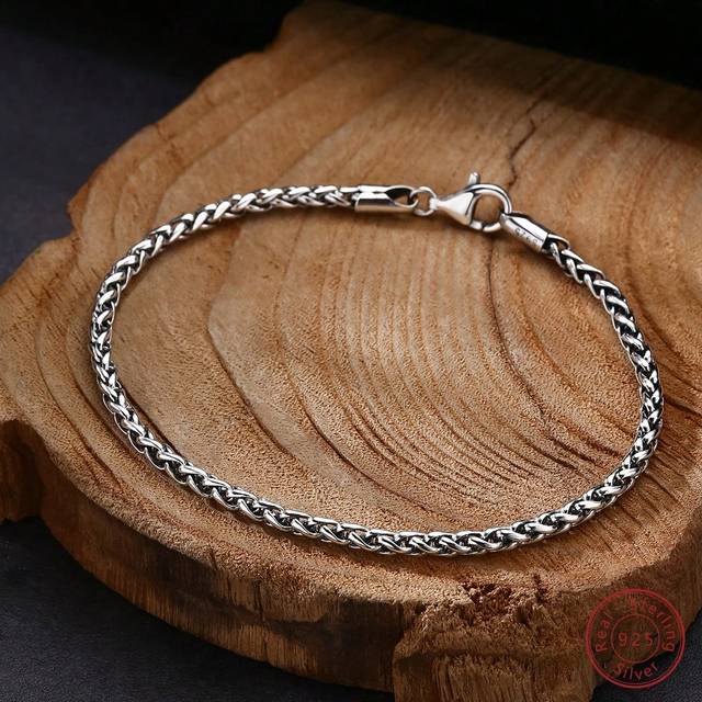 SHEIN 1pc 925 Sterling Silver 3mm Twisted Rope Chain Bracelet Suitable For Men&#39;s Daily Wear Father