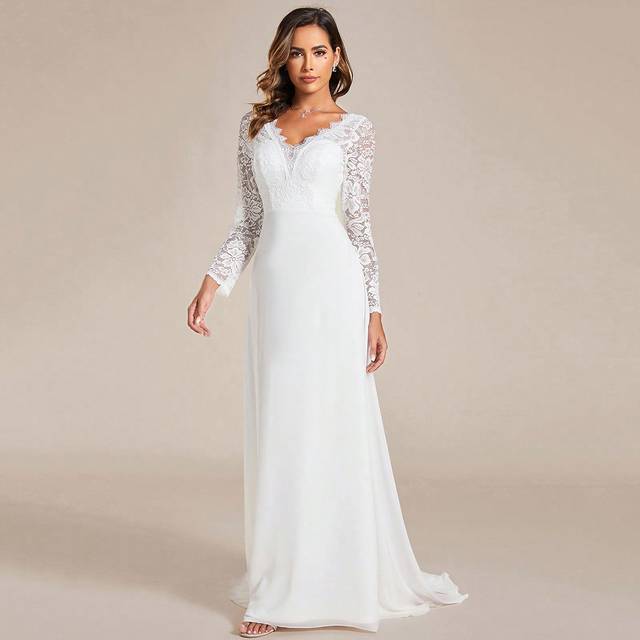 Kontrastfärgad spets V-ringad golvlång bröllopsklänning med svans Vit Elegant långärmad klänning för brud - Vitt (L,M,S,XL,XXL,XXXL)