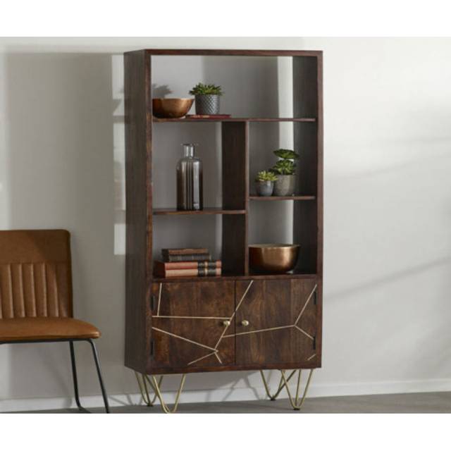 Large Bookcase with 2 Door - Solid Mango Wood - L35 x W80 x H180 cm - Dark Gold