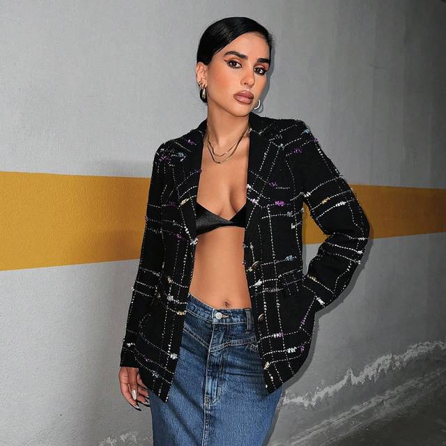 SHEIN Plaid Print Lapel Neck Blazer