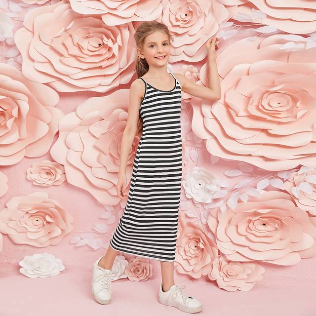 Tween Girl Stripes Casual ärmlös klänning - Svart och Vitt (6Y,7Y,8Y,9Y,10Y,11-12Y,13-14Y)