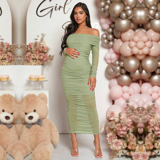 Loomaby Maternity Solid Ruched Off Shoulder Dress With Long Sleeve, For Baby Shower