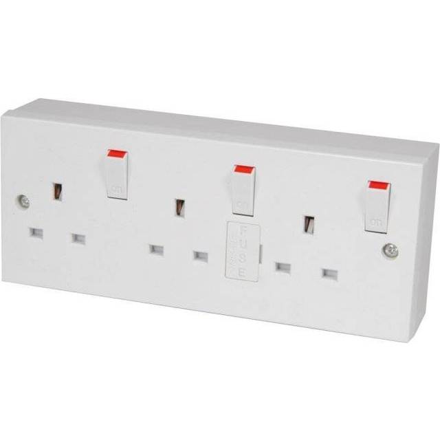 3 Gang Switched Fused Mains Outlet 13 Amp Wall Plug Socket C/W Surface Back Box