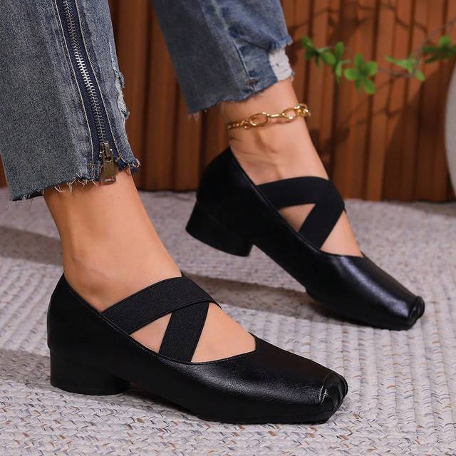 SHEIN Plus Size Women&#39;s Elegant Vintage Mary Jane Flats, Square Toe Ruched Slip On Loafers With Criss Cross Elastic Band, Comfortable Casual Retro Platform