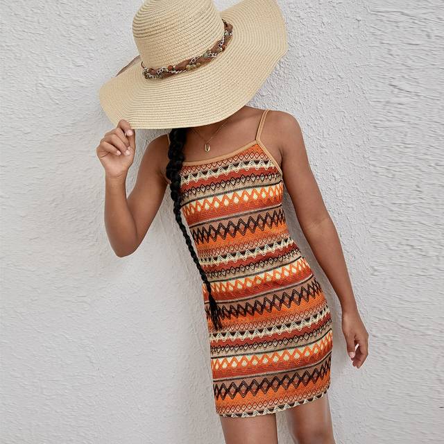 SHEIN Tween Girl Vacation Casual Knit Snug Fit Geometric Pattern Cami Dress, With Non-Adjustable Straps