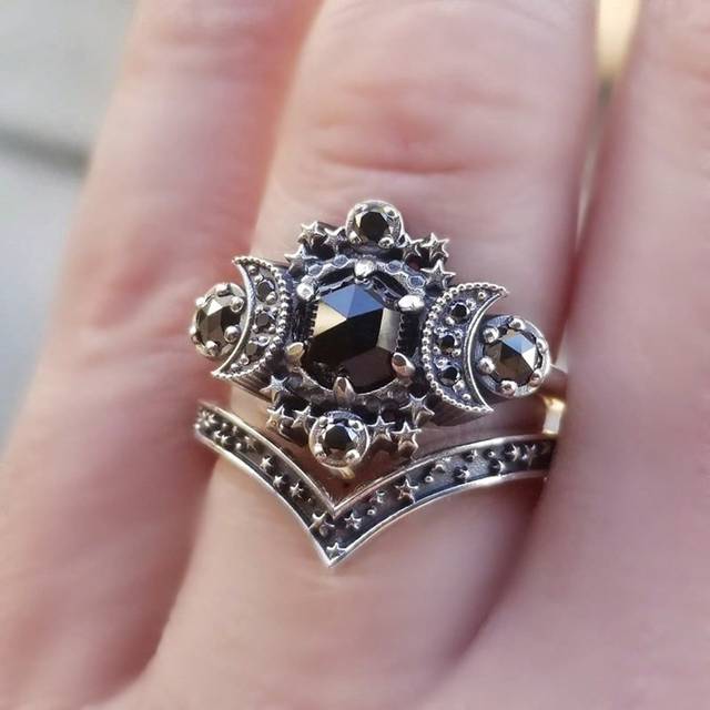 CVNANA 2pcs/set Gothic Cosmic Moon Ring With Moon & Star Dark Style Ring