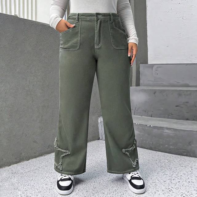 Plus Stjärna Lappar Toppsömmar Bred Ben Jeans - Armé Grön (0XL,1XL,2XL,3XL,4XL)