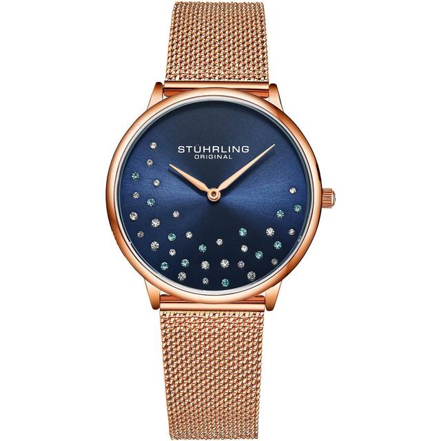 Womens Symphony 3928 Wrist Watch Quartz 35mm Case with Crystal Studded Dial and Stainless steel Mesh bracelet - Pink - One Size