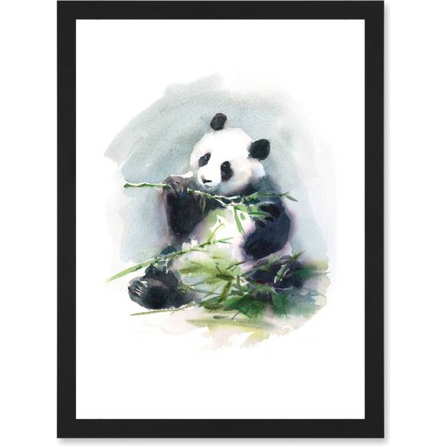 Panda Eating Bamboo Watercolour Artwork Framed Wall Art Print A4 - Black - One Size