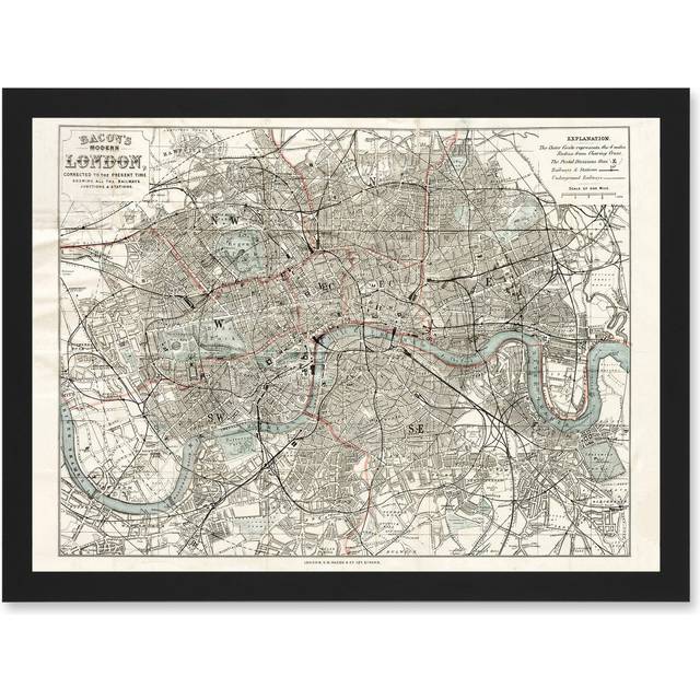 Map Bacon 1883 Modern London City England Plan Chart Artwork Framed Wall Art Print A4 - Black - One Size
