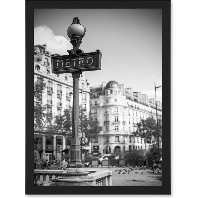 Photo Landmark Classic Metro Sign Paris France Subway Black White Artwork Framed Wall Art Print A4 - One Size