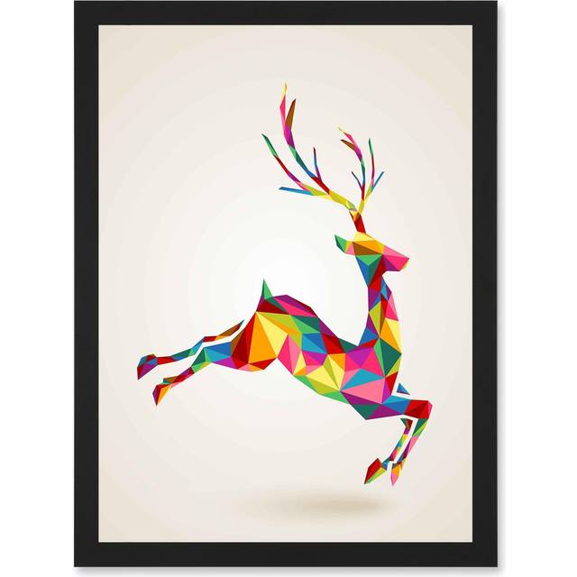 Leaping Running Deer Polygon A4 Artwork Framed Wall Art Print - Black - One Size
