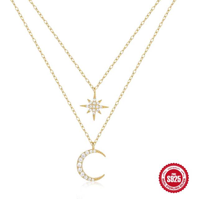 SHEIN 1PC 925 Sterling Silver Double Layer Stackable Women&#39;s Necklaces Faux Pearl Cubic Zirconia Star Moon Heart Pendant Choker Chain Fine Jewelry