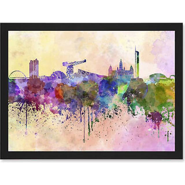 Cityscape Paint Splash Skyline Of Glasgow City A4 Artwork Framed Wall Art Print - Black - One Size