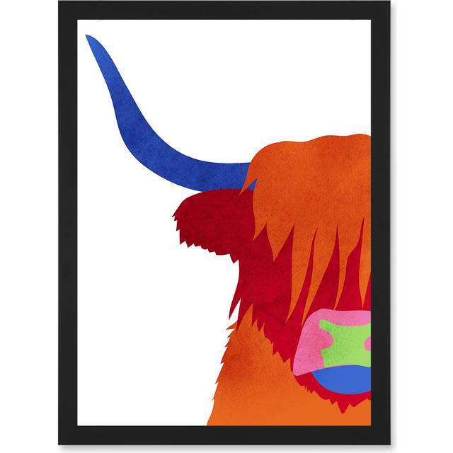 Bright Highland Scottish Cow Bull Coo Colourful Artwork Framed Wall Art Print A4 - Black - One Size