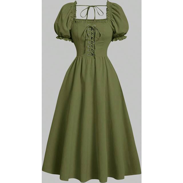 SHEIN Solid Lace Up Front Puff Sleeve Dress