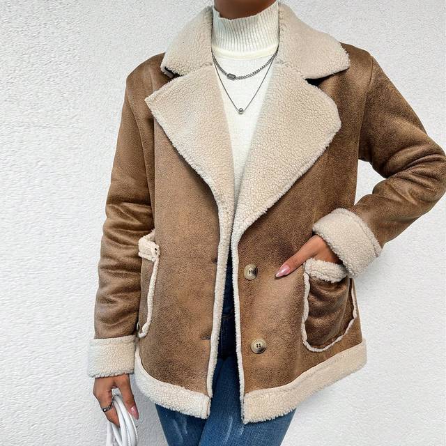 SHEIN Lapel Neck Pocket Front Faux Shearling Coat