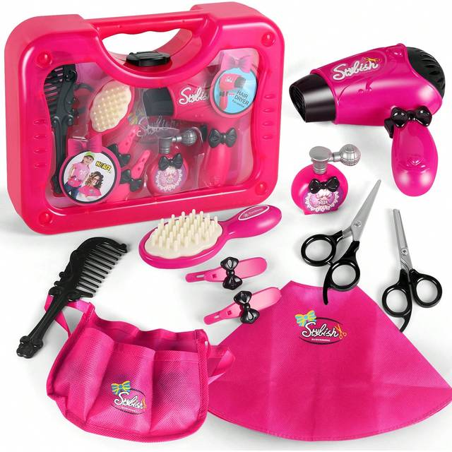 SHEIN 10Pcs/Set Girls Beauty Salon Set Pretend Play Stylist Hair Cutting Kit Hairdresser Toys With Hair Dryer, Scissors, Barber Apron And Styling Accessorie